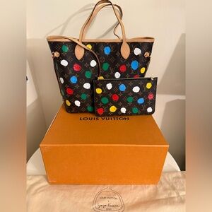 Authentic Louis Vuitton Yayoi Kusuma Neverfull MM Tote Bag Monogram Multi Polka